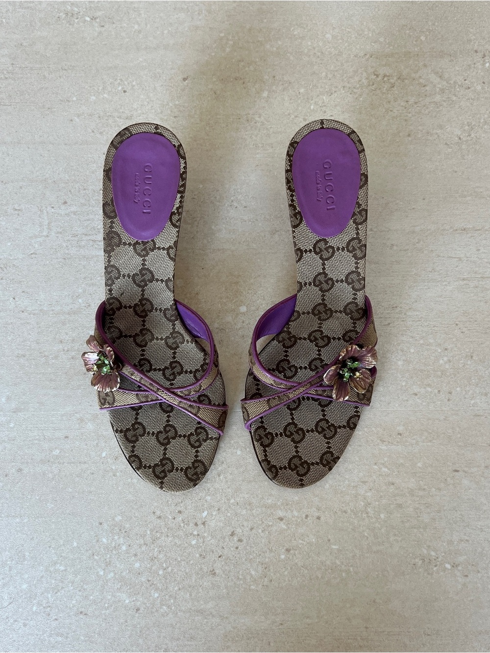Vintage Gucci Brown GG Canvas Slides with Purple Trim and Floral Brooch